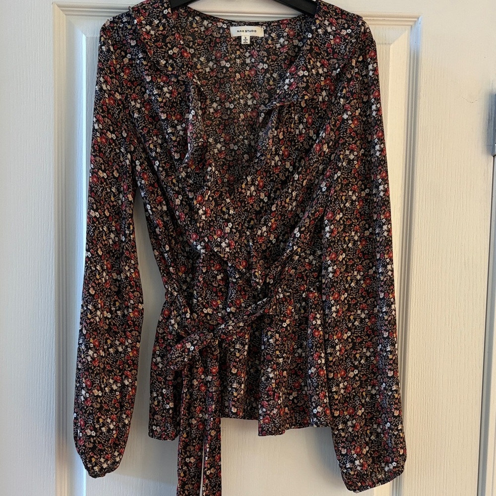 Max Studio Floral Wrap Blouse - Black and Red